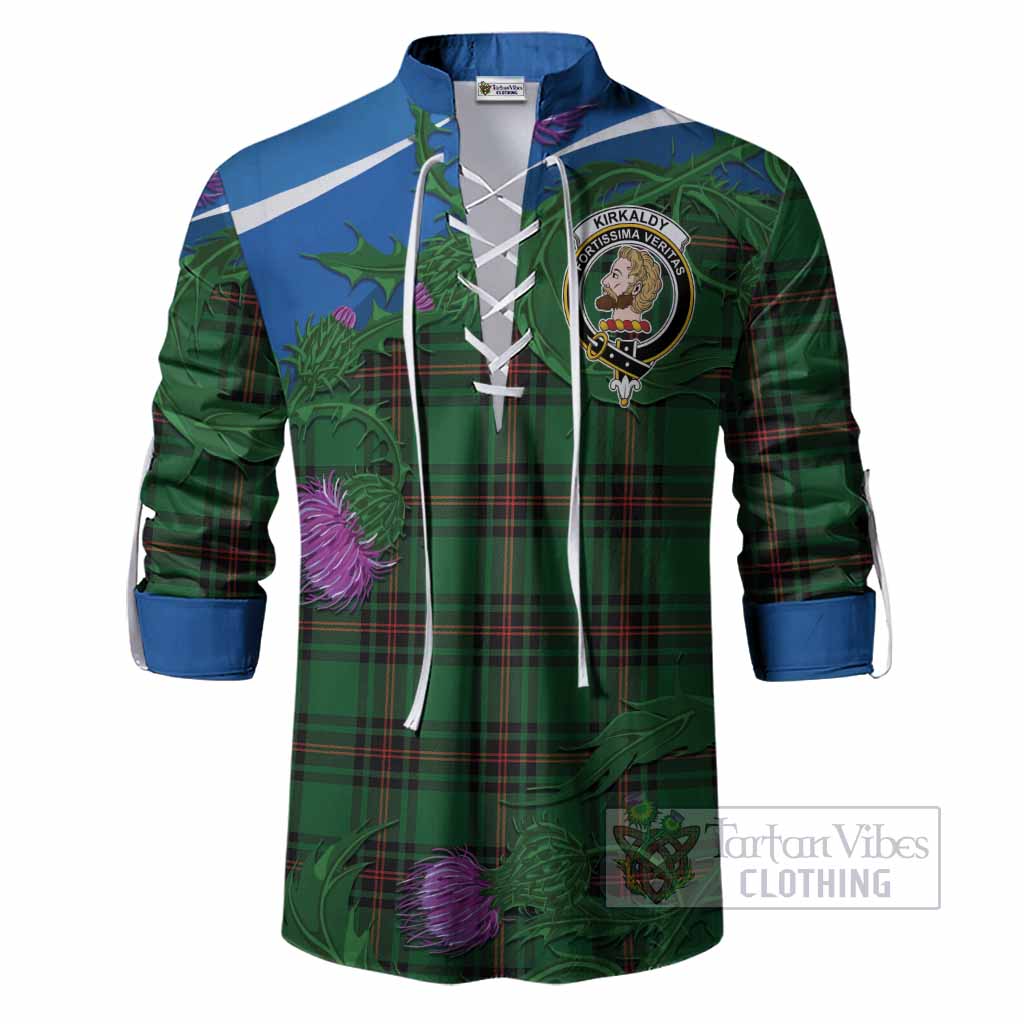 Kirkaldy Tartan Family Crest Ghillie Shirt Thistle in Minimalism