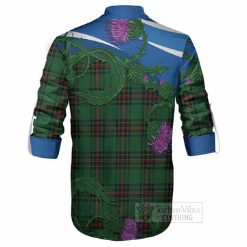 Kirkaldy Tartan Family Crest Ghillie Shirt Thistle in Minimalism