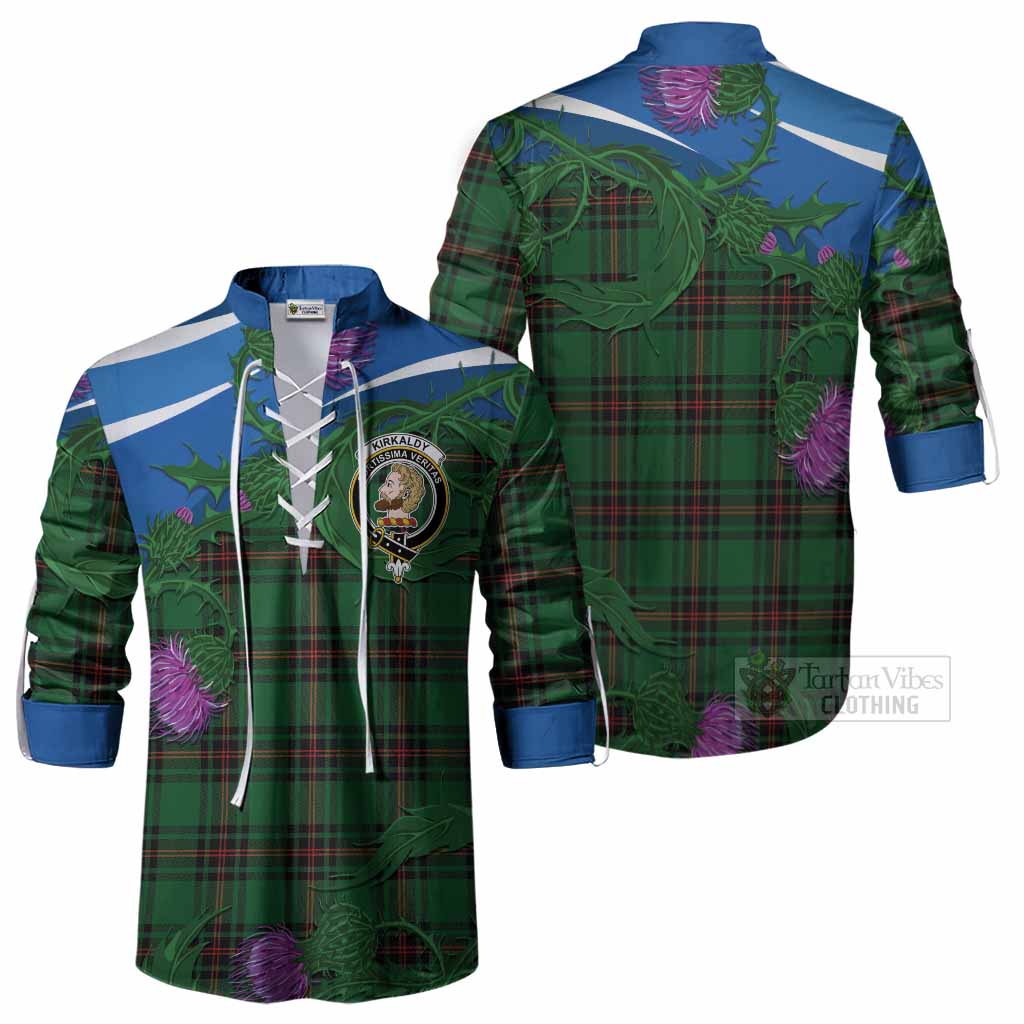 Kirkaldy Tartan Family Crest Ghillie Shirt Thistle in Minimalism
