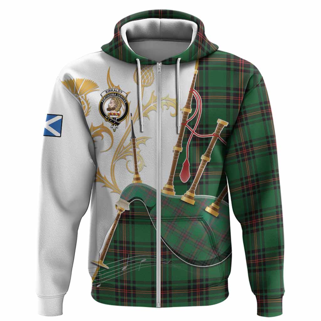 Kirkaldy Tartan Family Crest Hoodie Bagpipes with Scottish Thistle
