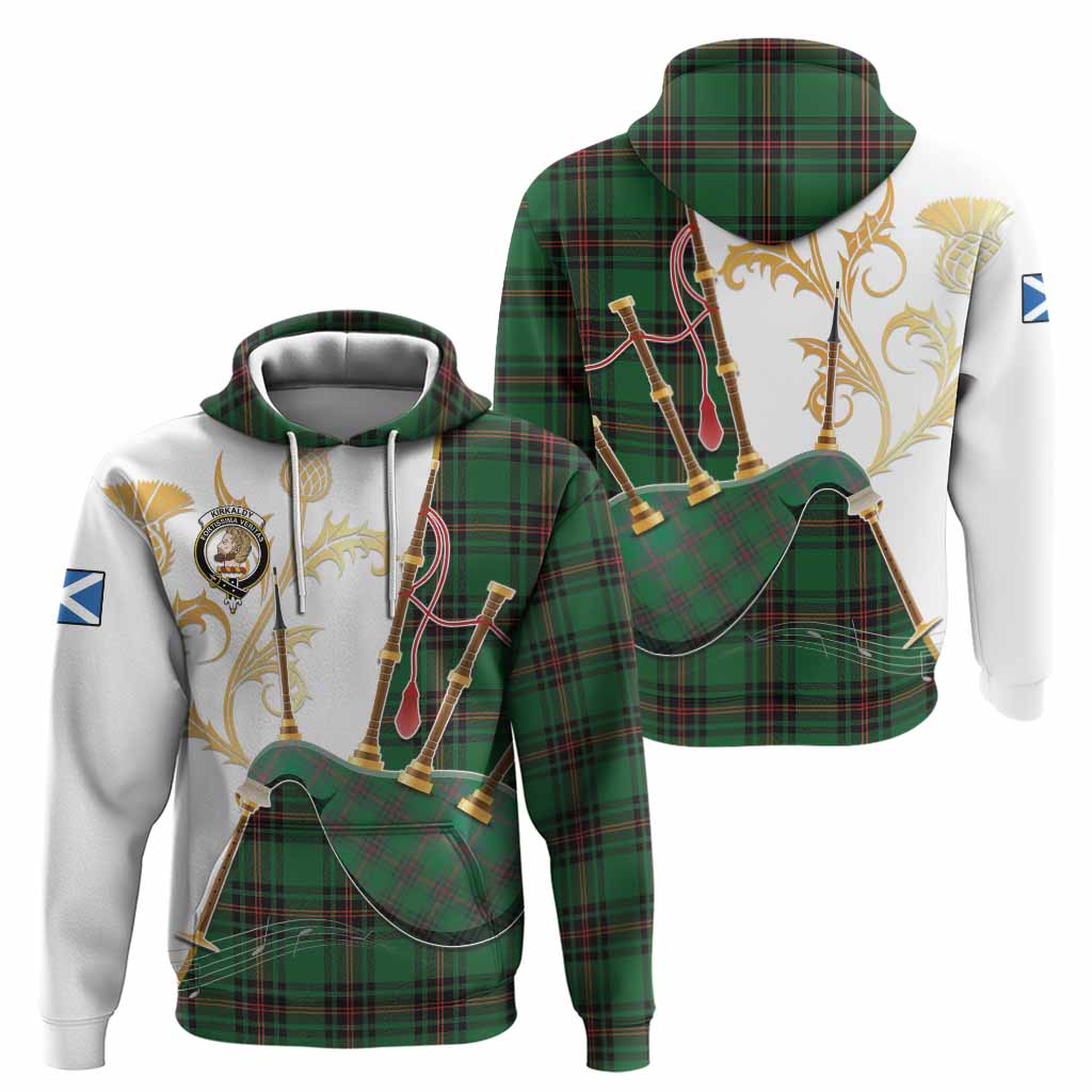 Kirkaldy Tartan Family Crest Hoodie Bagpipes with Scottish Thistle