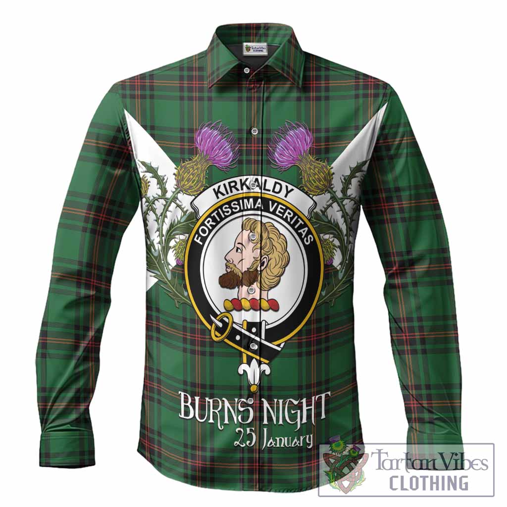 Kirkaldy Tartan Family Crest Long Sleeve Button Shirts Scottish Burns Night Thistle Floral