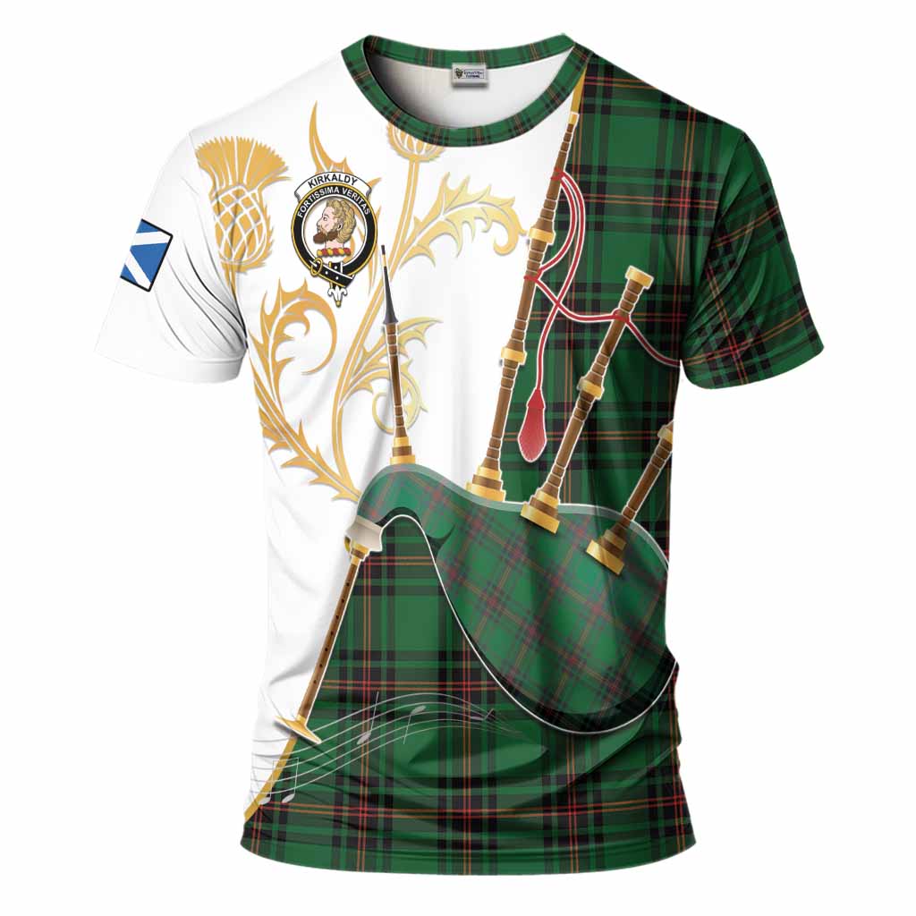 Kirkaldy Tartan Family Crest T-Shirt Bagpipes with Scottish Thistle