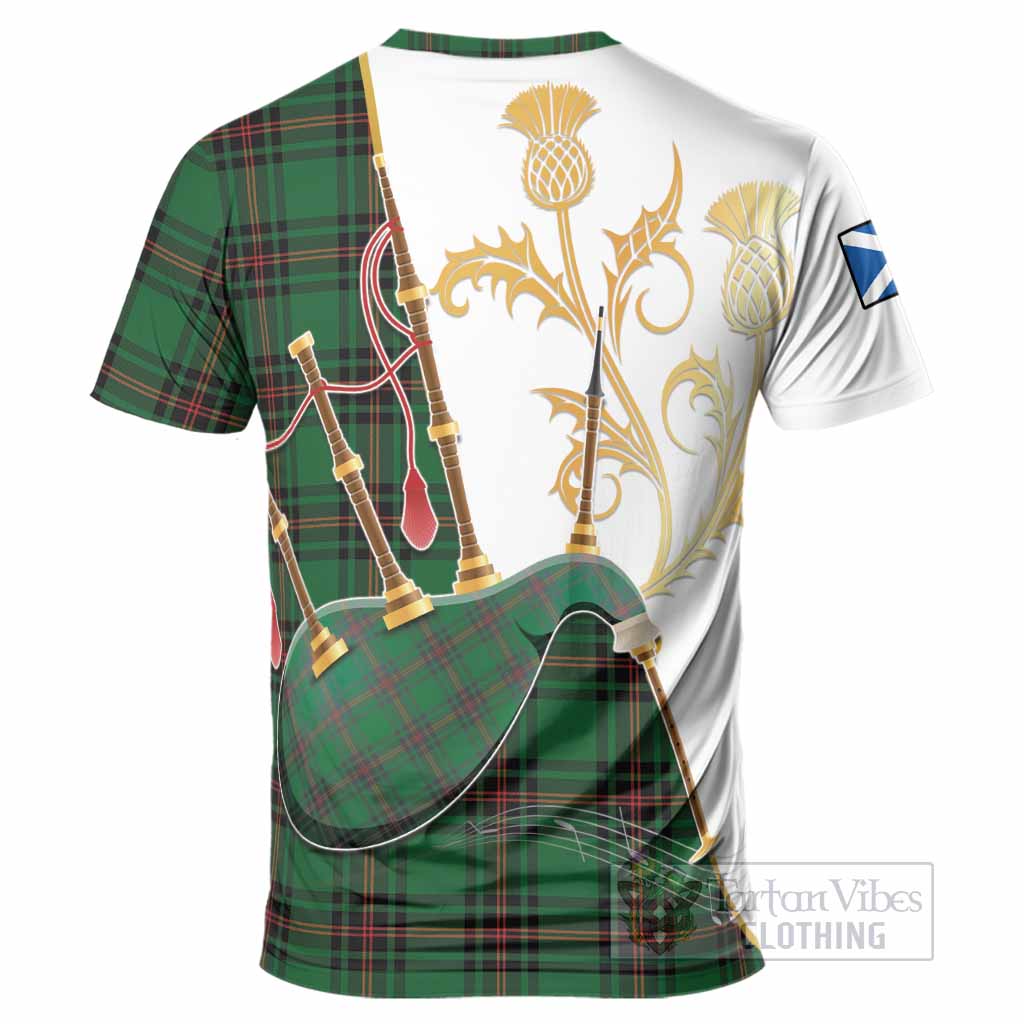 Kirkaldy Tartan Family Crest T-Shirt Bagpipes with Scottish Thistle