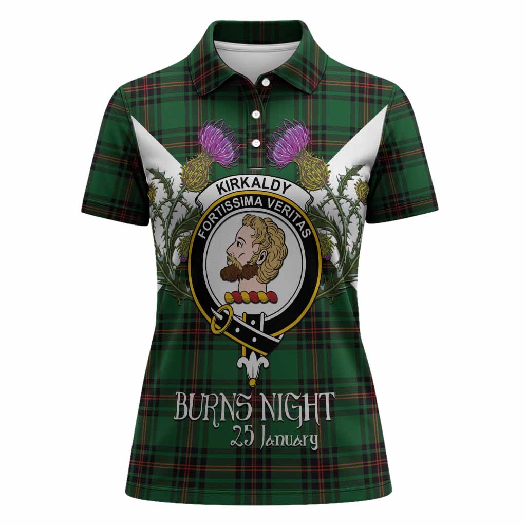 Kirkaldy Tartan Family Crest Women Polo Shirt Scottish Burns Night Thistle Floral