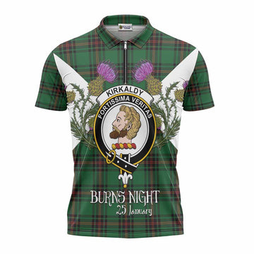Kirkaldy Tartan Family Crest Zipper Polo Shirt Scottish Burns Night Thistle Floral