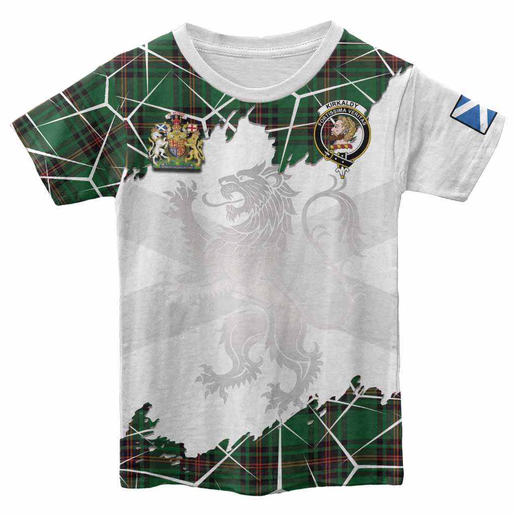 Kirkaldy Tartan Kid T-shirt with Family Crest and Lion Rampant Grunge Style