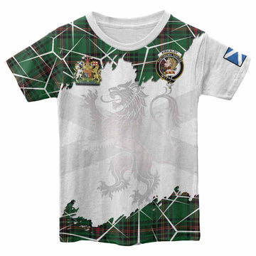 Kirkaldy Tartan Kid T-shirt with Family Crest and Lion Rampant Grunge Style