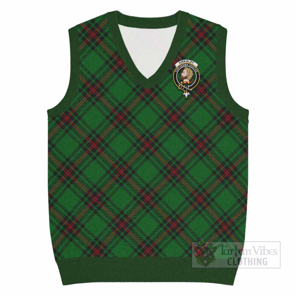 Kirkaldy Tartan Knitted V-Neck Vest with Family Crest Cross Style