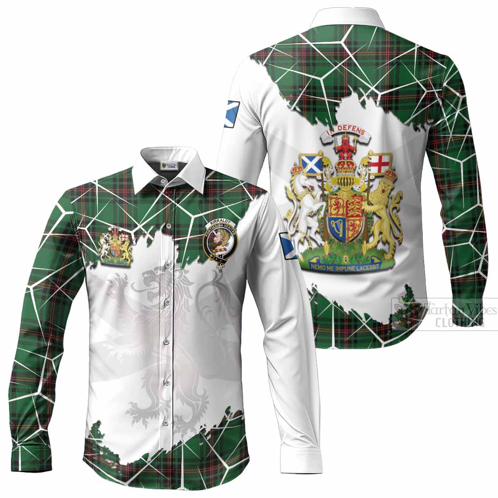 Kirkaldy Tartan Long Sleeve Button Shirts with Family Crest and Lion Rampant Grunge Style