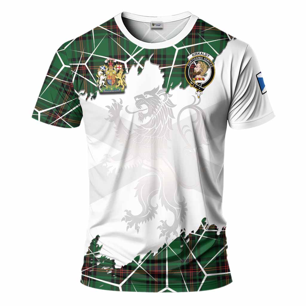 Kirkaldy Tartan T-Shirt with Family Crest and Lion Rampant Grunge Style