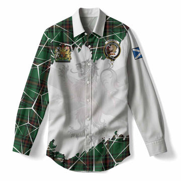 Kirkaldy Tartan Women Casual Shirt with Family Crest and Lion Rampant Grunge Style