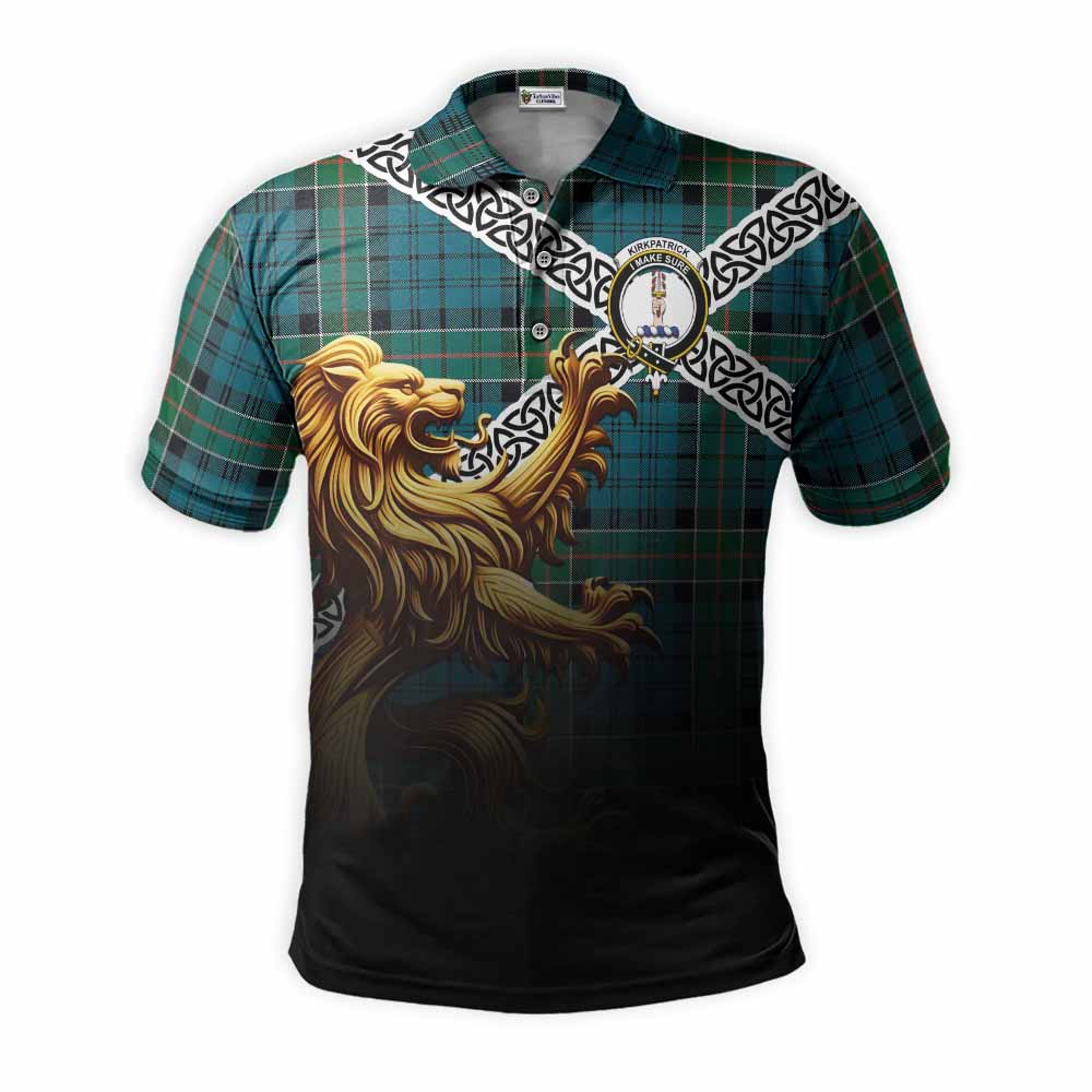 Tartan Vibes Clothing Kirkpatrick Crest Tartan Polo Shirt with Golden Lion Emblem Celtic Style