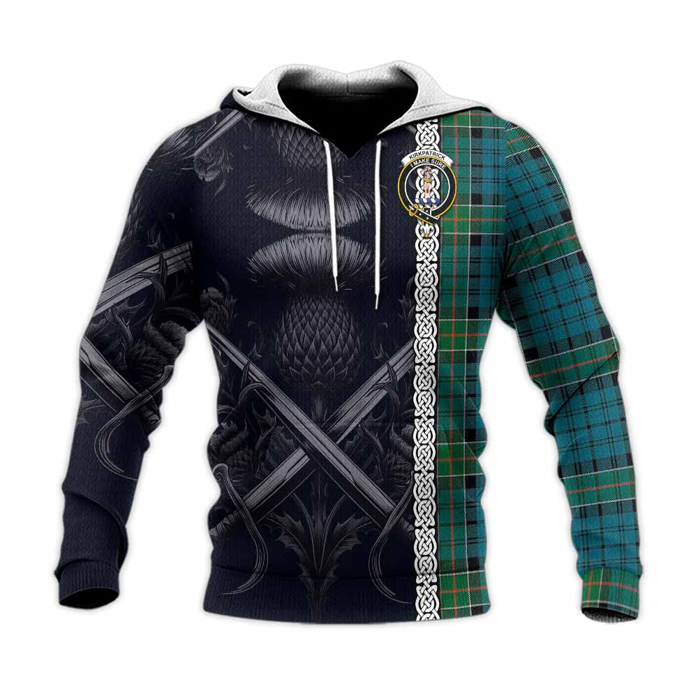 Tartan Vibes Clothing Kirkpatrick Tartan Knitted Hoodie with Family Crest Cross Sword Thistle Celtic Vibes