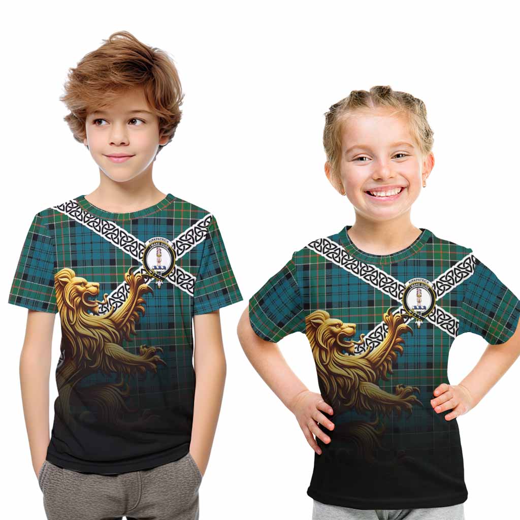 Tartan Vibes Clothing Kirkpatrick Crest Tartan Kid T-Shirt with Golden Lion Emblem Celtic Style