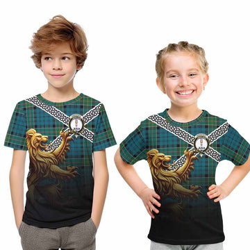 Tartan Vibes Clothing Kirkpatrick Crest Tartan Kid T-Shirt with Golden Lion Emblem Celtic Style