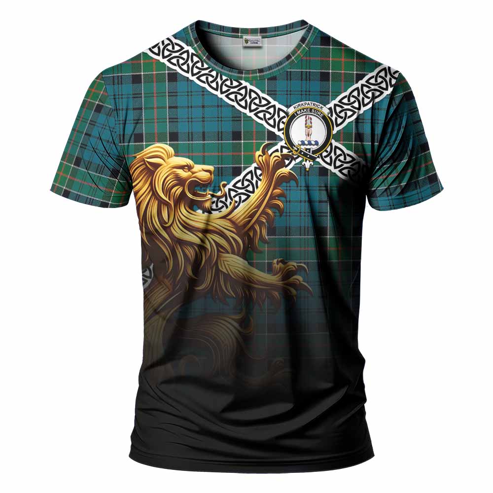 Tartan Vibes Clothing Kirkpatrick Crest Tartan T-Shirt with Golden Lion Emblem Celtic Style