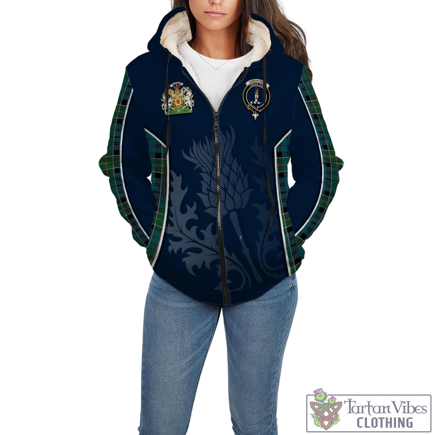 Tartan Vibes Clothing Kirkpatrick Tartan Sherpa Hoodie with Family Crest and Scottish Thistle Vibes Sport Style