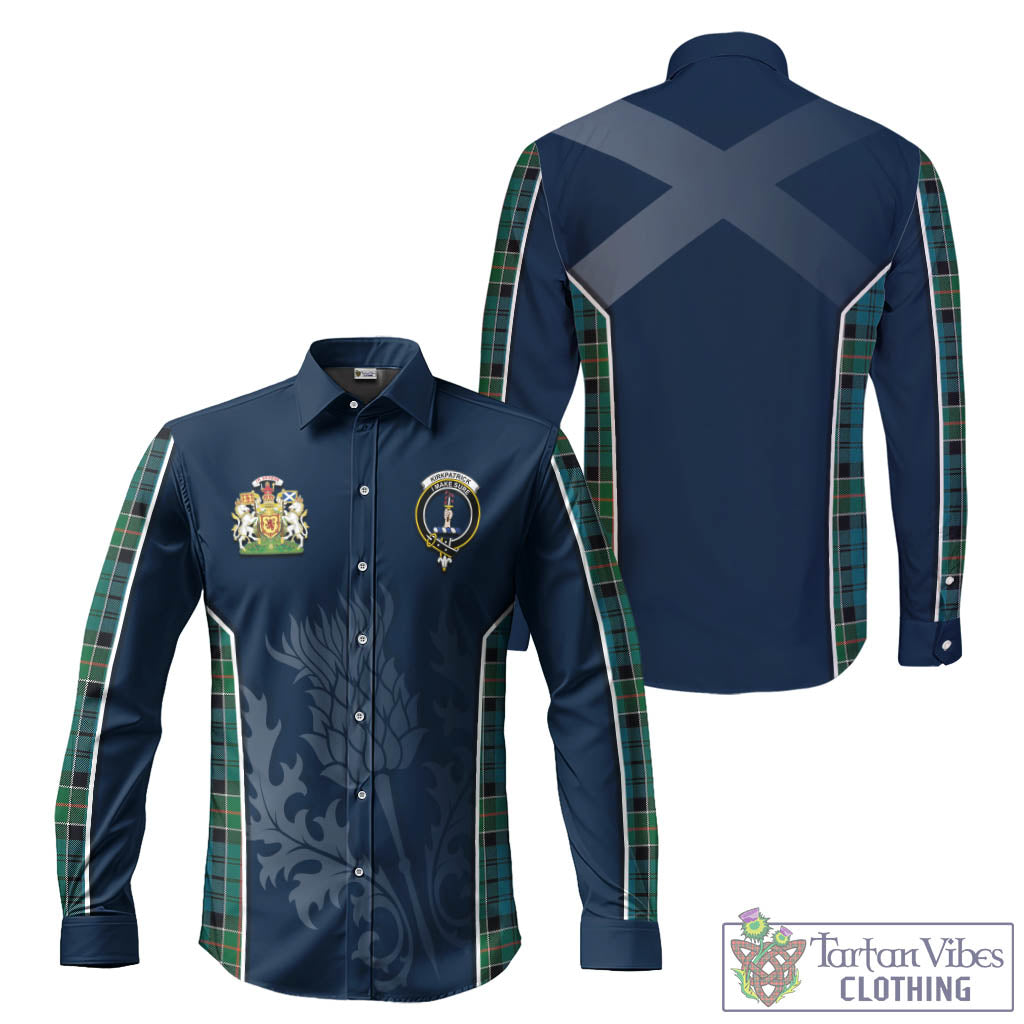 Tartan Vibes Clothing Kirkpatrick Tartan Long Sleeve Button Up Shirt with Family Crest and Scottish Thistle Vibes Sport Style