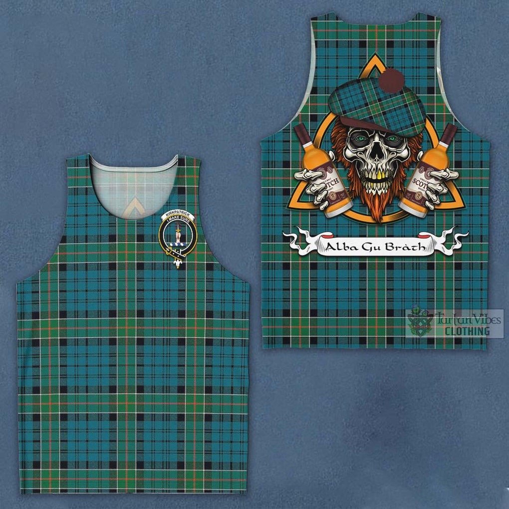 Tartan Vibes Clothing Kirkpatrick Tartan Men's Tank Top with Family Crest and Bearded Skull Holding Bottles of Whiskey