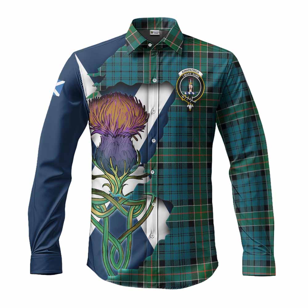 Tartan Vibes Clothing Kirkpatrick Tartan Family Crest Long Sleeve Button Shirt Scottish Thistle Celtic Inspired
