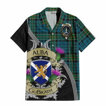 Tartan Vibes Clothing Kirkpatrick Tartan Family Crest Short Sleeve Button Shirt Lion Rampant Royal Thistle Shield Celtic Inspired
