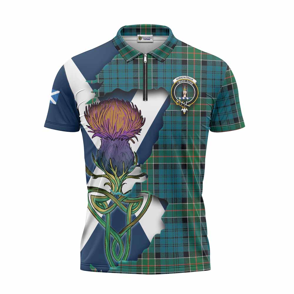 Tartan Vibes Clothing Kirkpatrick Tartan Family Crest Zipper Polo Shirt Scottish Thistle Celtic Inspired