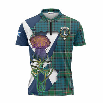 Kirkpatrick Tartan Family Crest Zipper Polo Shirt Scottish Thistle Celtic Inspired