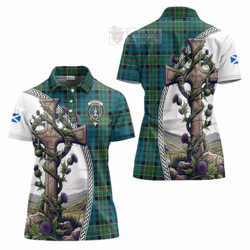 Tartan Vibes Clothing Kirkpatrick Tartan Women's Polo Shirt with Family Crest and St. Andrew's Cross Accented by Thistle Vines