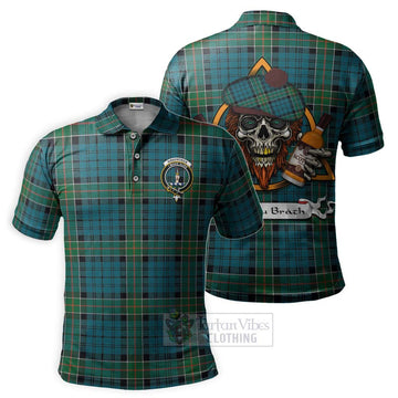 Tartan Vibes Clothing Kirkpatrick Tartan Polo Shirt with Family Crest and Bearded Skull Holding Bottles of Whiskey