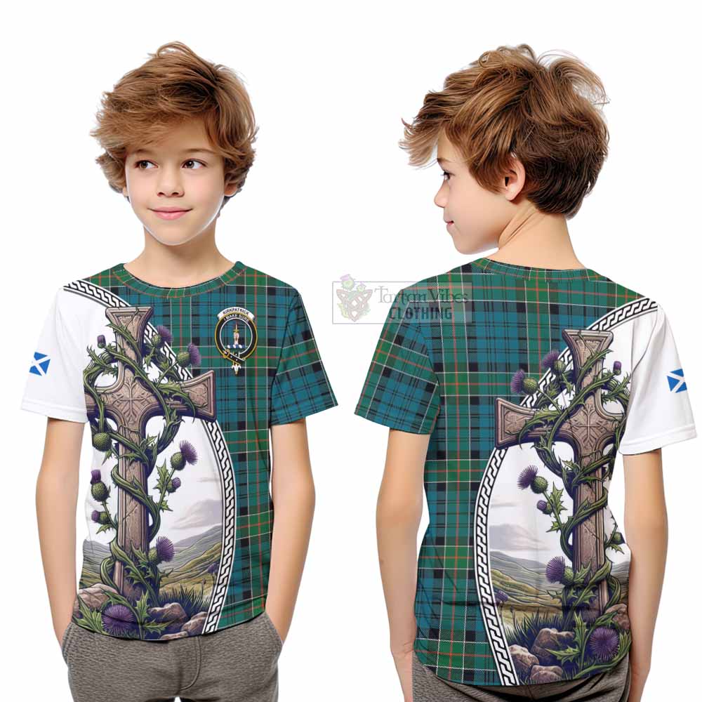 Tartan Vibes Clothing Kirkpatrick Tartan Kid T-Shirt with Family Crest and St. Andrew's Cross Accented by Thistle Vines