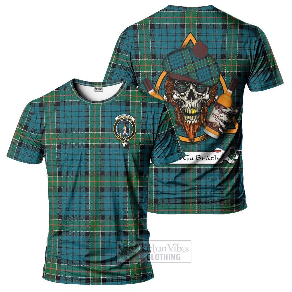 Tartan Vibes Clothing Kirkpatrick Tartan T-Shirt with Family Crest and Bearded Skull Holding Bottles of Whiskey