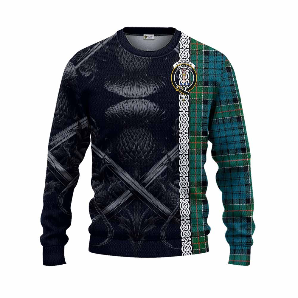 Tartan Vibes Clothing Kirkpatrick Tartan Knitted Sweater with Family Crest Cross Sword Thistle Celtic Vibes