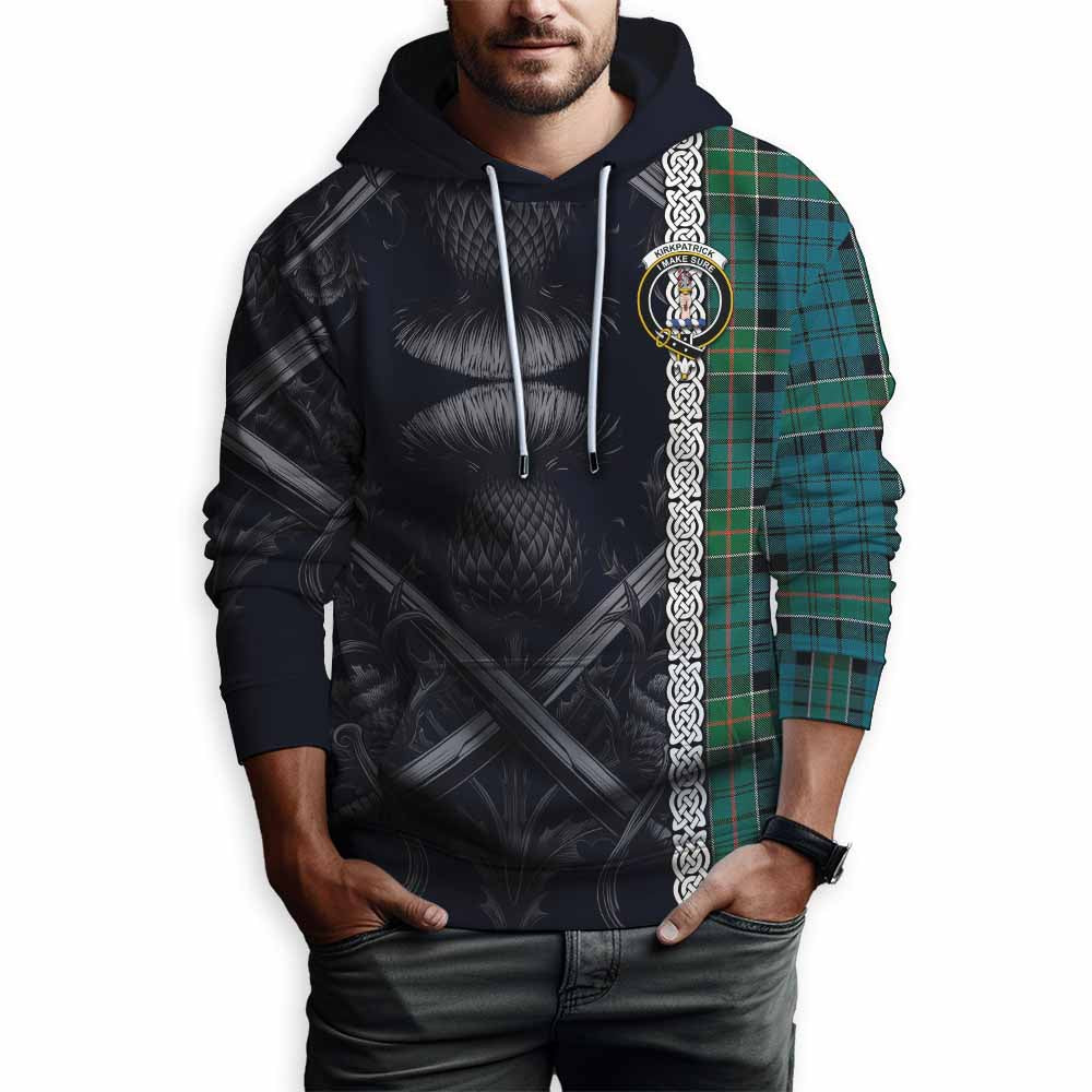 Tartan Vibes Clothing Kirkpatrick Tartan Hoodie with Family Crest Cross Sword Thistle Celtic Vibes