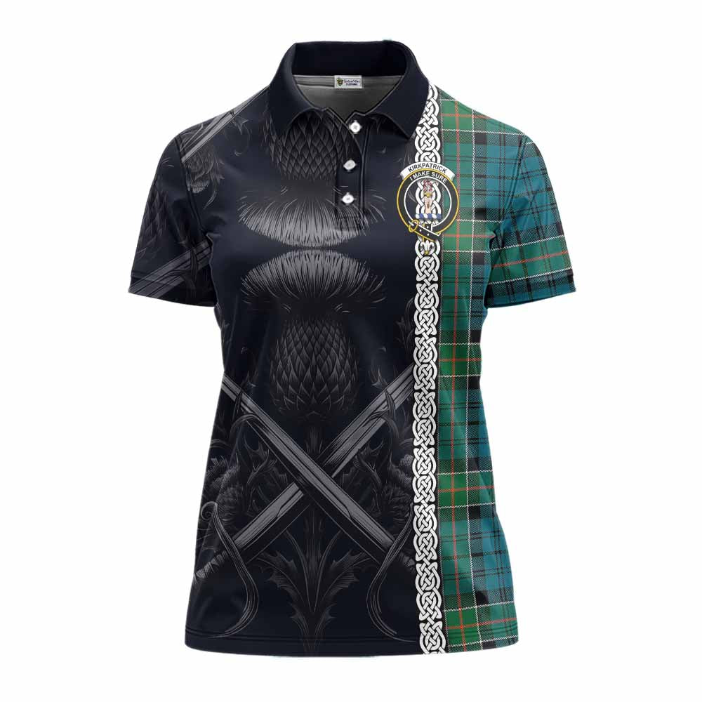 Tartan Vibes Clothing Kirkpatrick Tartan Women's Polo Shirt with Family Crest Cross Sword Thistle Celtic Vibes
