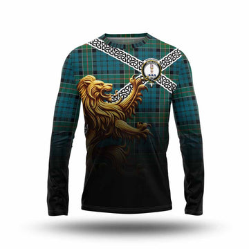 Tartan Vibes Clothing Kirkpatrick Crest Tartan Long Sleeve T-Shirt with Golden Lion Emblem Celtic Style