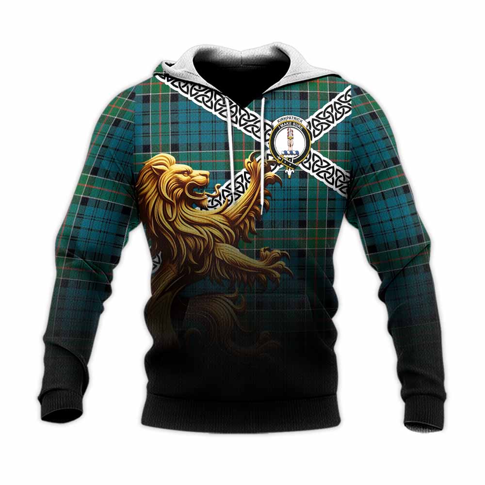 Tartan Vibes Clothing Kirkpatrick Crest Tartan Knitted Hoodie with Golden Lion Emblem Celtic Style