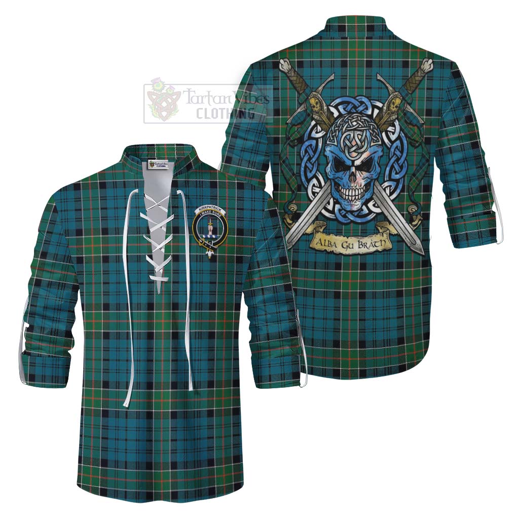 Tartan Vibes Clothing Kirkpatrick Tartan Ghillie Kilt Shirt with Family Crest Celtic Skull Style