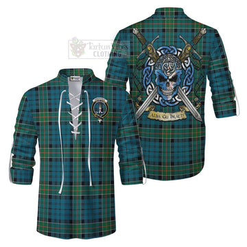 Tartan Vibes Clothing Kirkpatrick Tartan Ghillie Kilt Shirt with Family Crest Celtic Skull Style