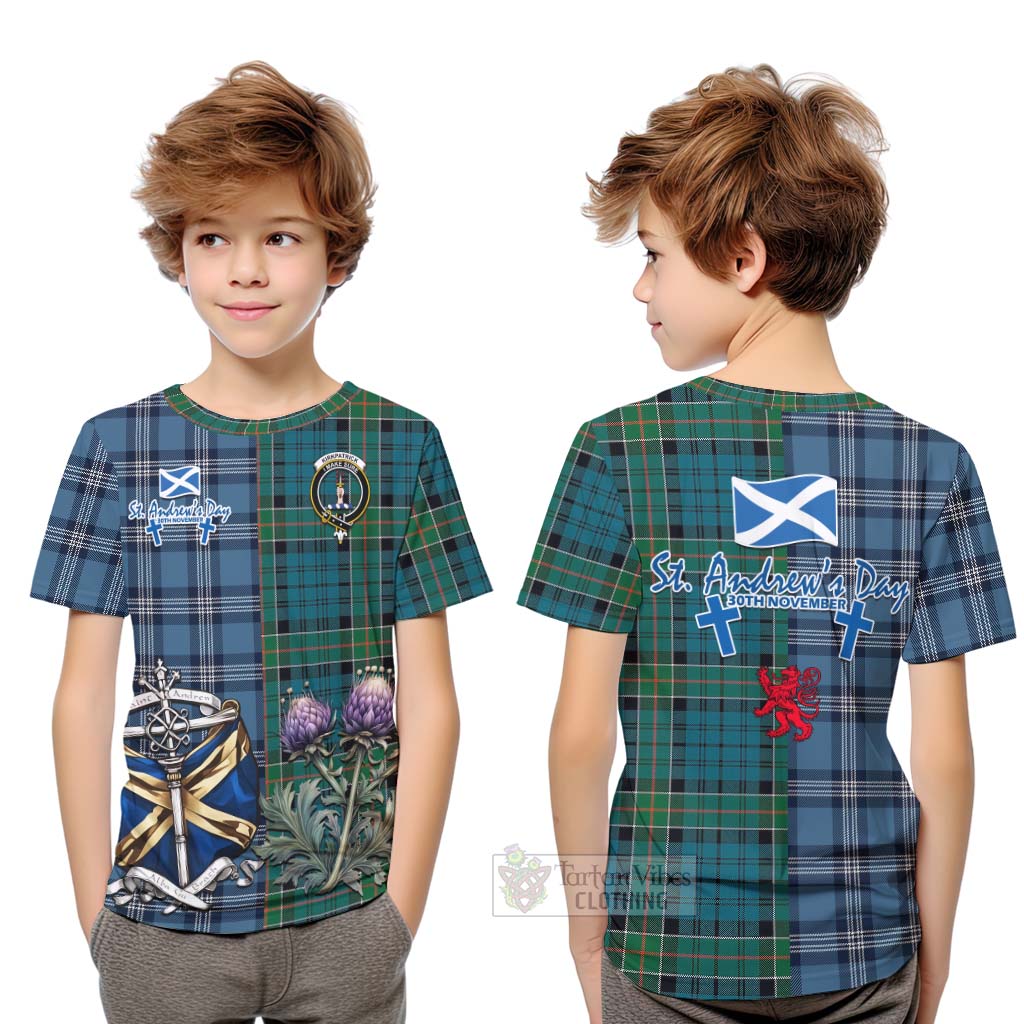 Tartan Vibes Clothing Kirkpatrick Tartan Kid T-Shirt Happy St. Andrew's Day Half Tartan Style