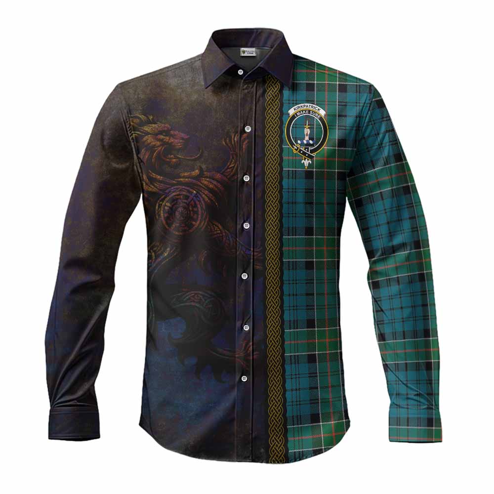 Tartan Vibes Clothing Kirkpatrick Tartan Family Crest Long Sleeve Button Shirt Alba Gu Brath Be Brave Lion Ancient Style