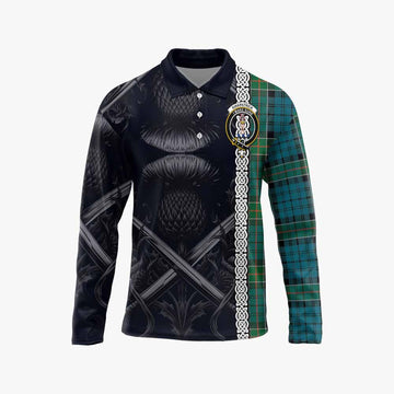 Tartan Vibes Clothing Kirkpatrick Tartan Long Sleeve Polo Shirt with Family Crest Cross Sword Thistle Celtic Vibes