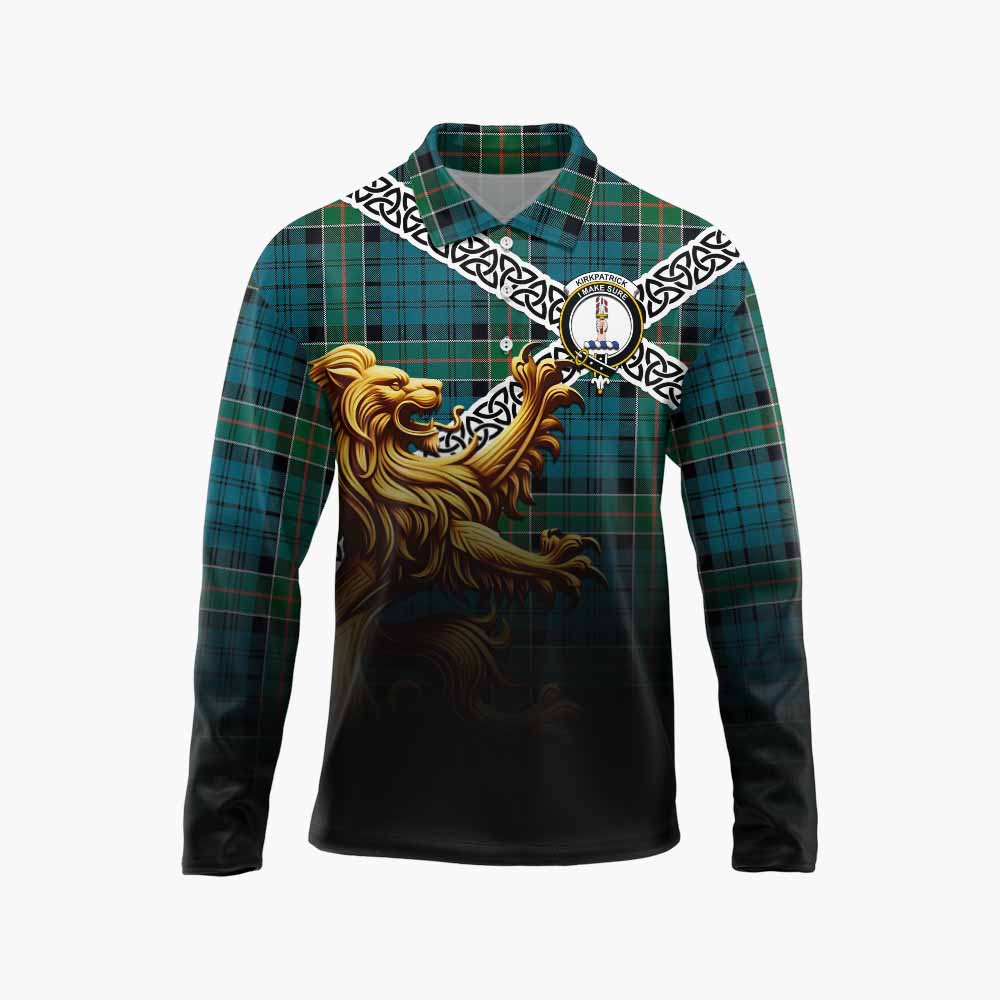 Tartan Vibes Clothing Kirkpatrick Crest Tartan Long Sleeve Polo Shirt with Golden Lion Emblem Celtic Style