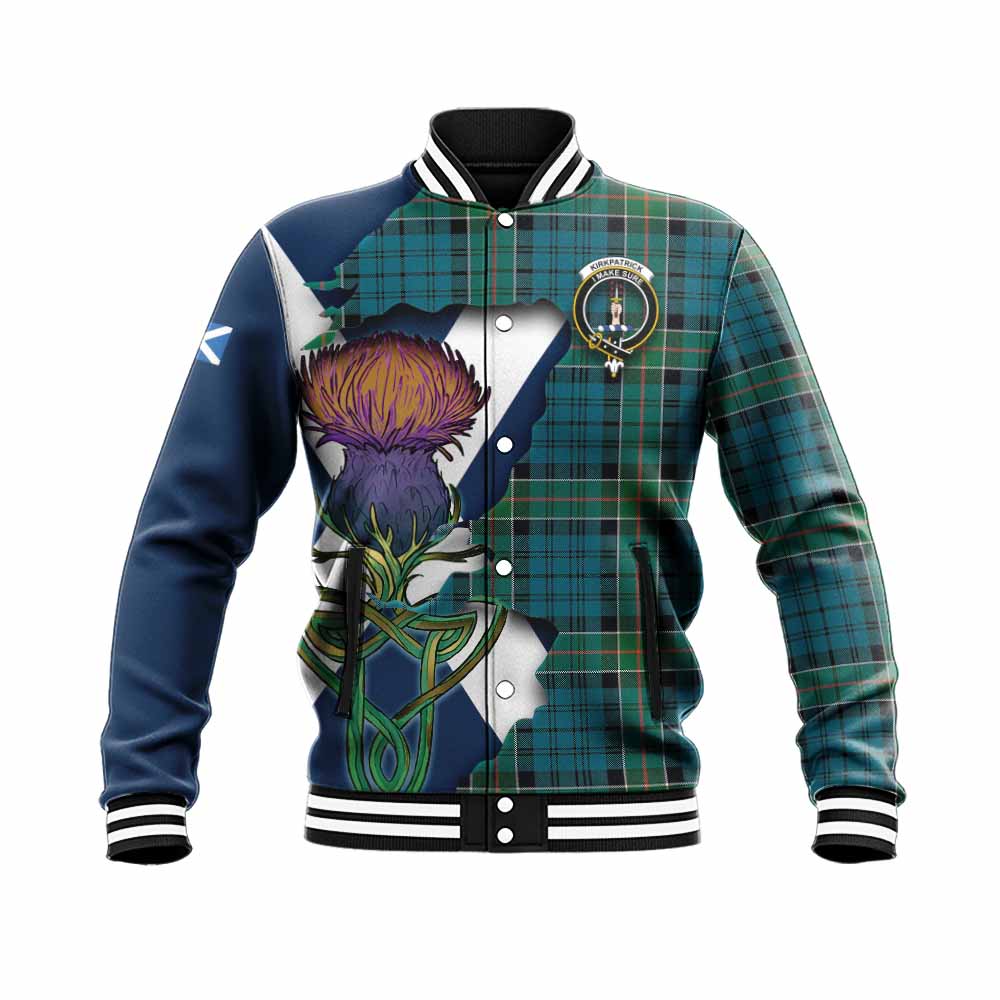 Tartan Vibes Clothing Kirkpatrick Tartan Family Crest Baseball Jacket Scottish Thistle Celtic Inspired