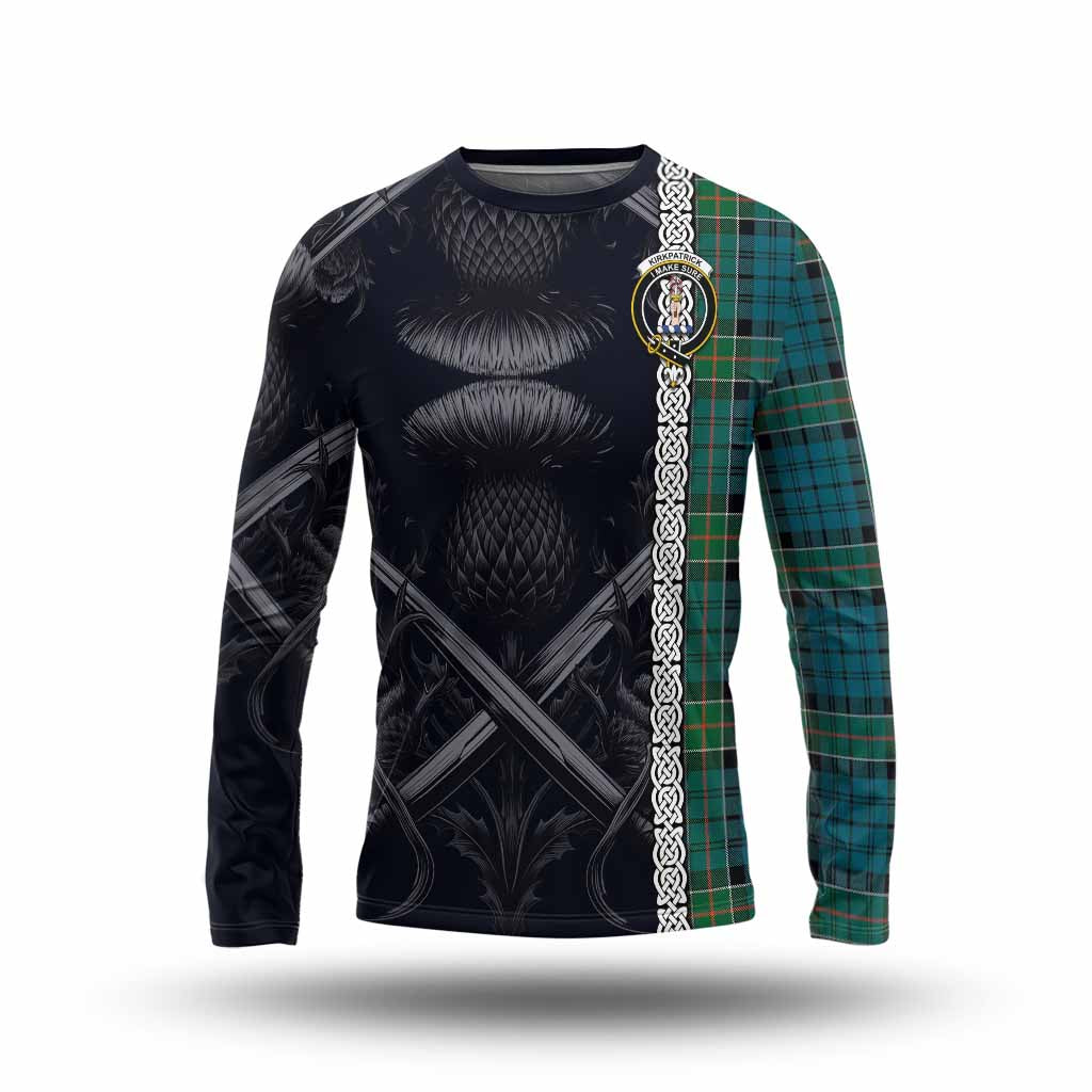Tartan Vibes Clothing Kirkpatrick Tartan Long Sleeve T-Shirt with Family Crest Cross Sword Thistle Celtic Vibes