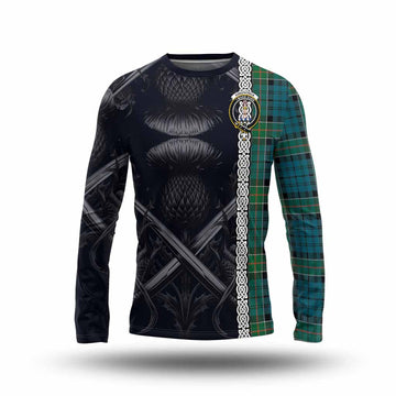 Tartan Vibes Clothing Kirkpatrick Tartan Long Sleeve T-Shirt with Family Crest Cross Sword Thistle Celtic Vibes