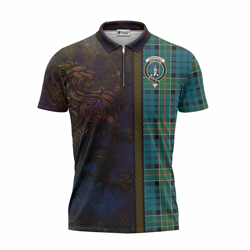 Tartan Vibes Clothing Kirkpatrick Tartan Family Crest Zipper Polo Shirt Alba Gu Brath Be Brave Lion Ancient Style
