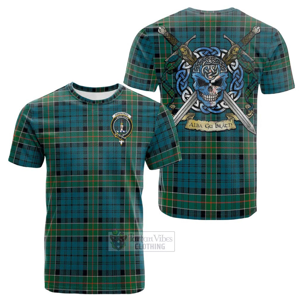 Tartan Vibes Clothing Kirkpatrick Tartan Cotton T-shirt with Family Crest Celtic Skull Style