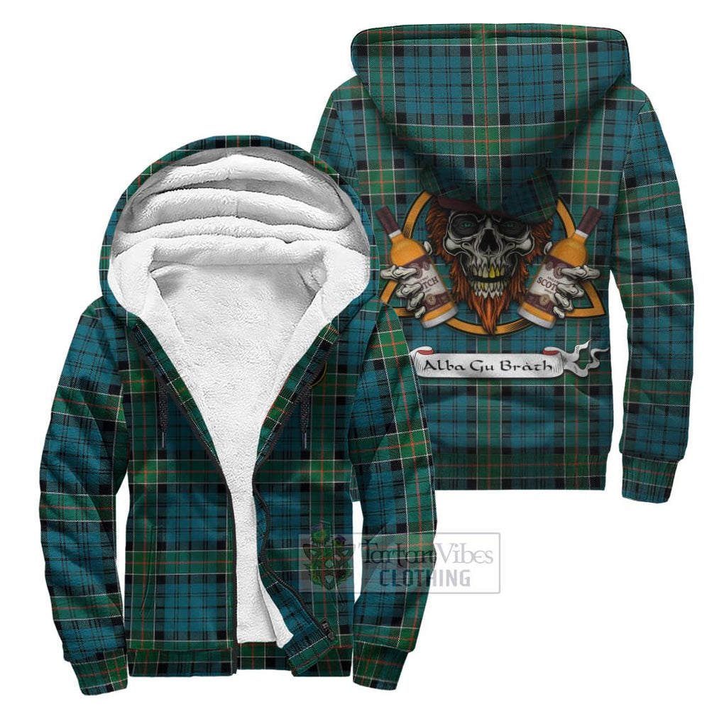 Tartan Vibes Clothing Kirkpatrick Tartan Sherpa Hoodie with Family Crest and Bearded Skull Holding Bottles of Whiskey