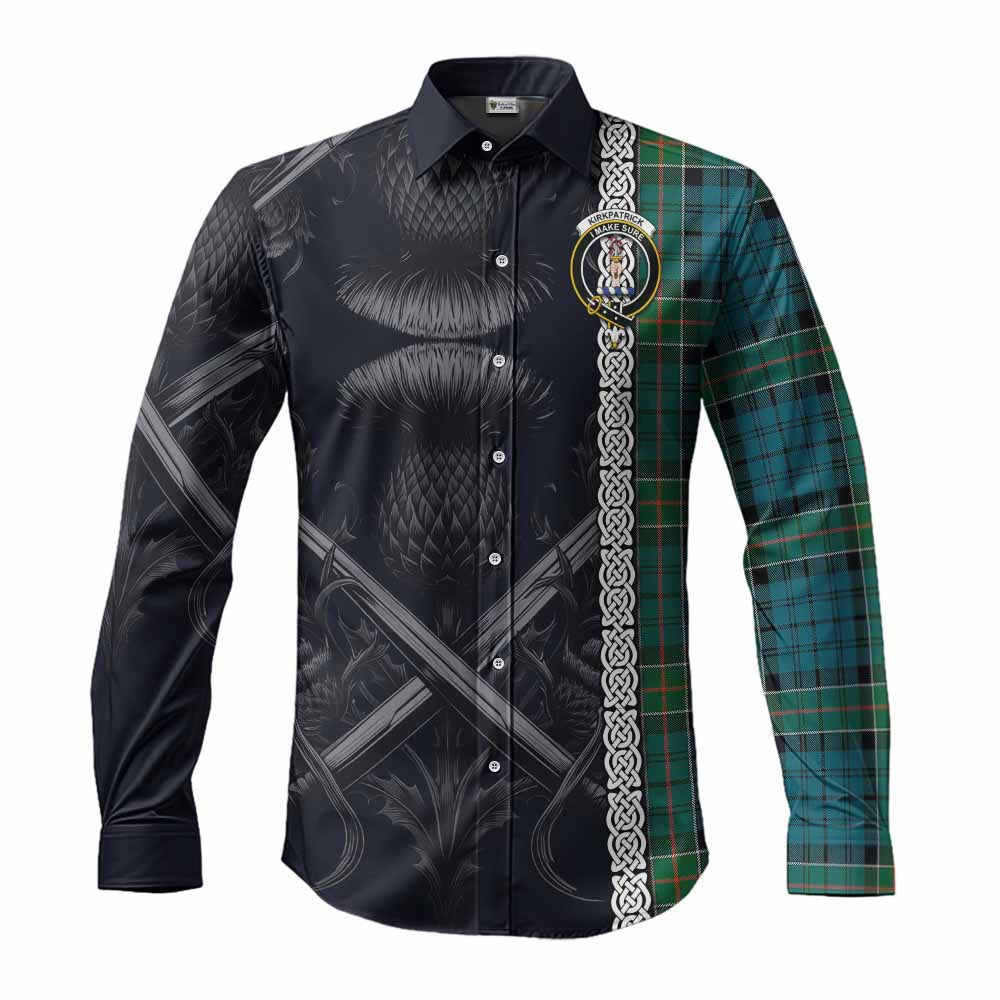 Tartan Vibes Clothing Kirkpatrick Tartan Long Sleeve Button Shirt with Family Crest Cross Sword Thistle Celtic Vibes
